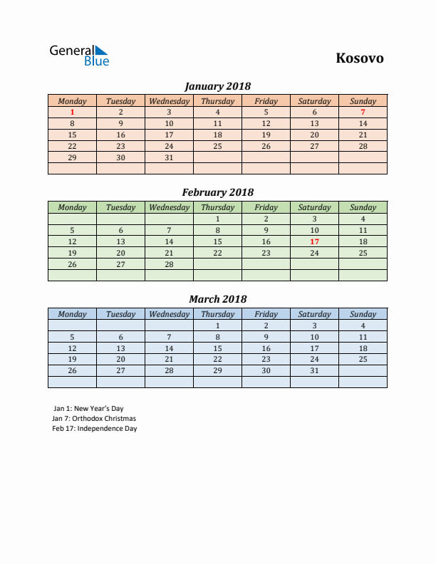 Q1 2018 Holiday Calendar - Kosovo