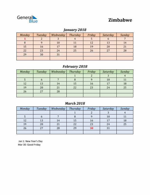 Q1 2018 Holiday Calendar - Zimbabwe