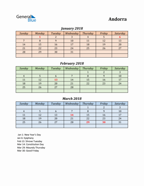 Q1 2018 Holiday Calendar - Andorra