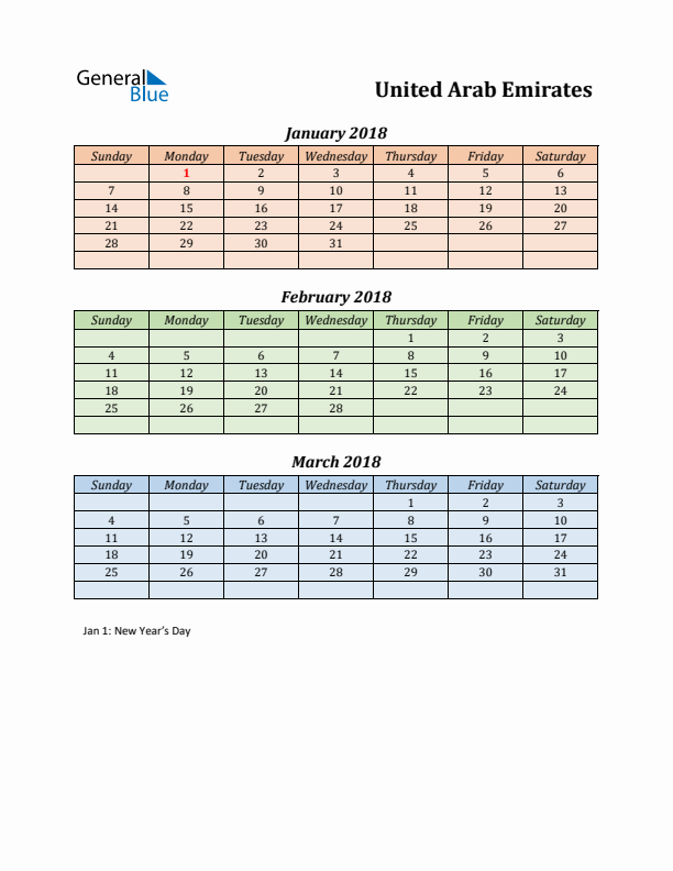 Q1 2018 Holiday Calendar - United Arab Emirates