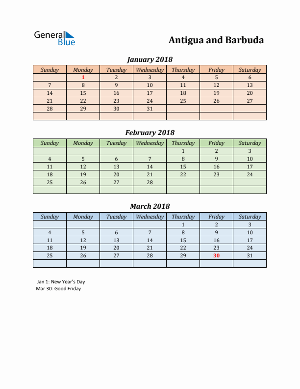 Q1 2018 Holiday Calendar - Antigua and Barbuda