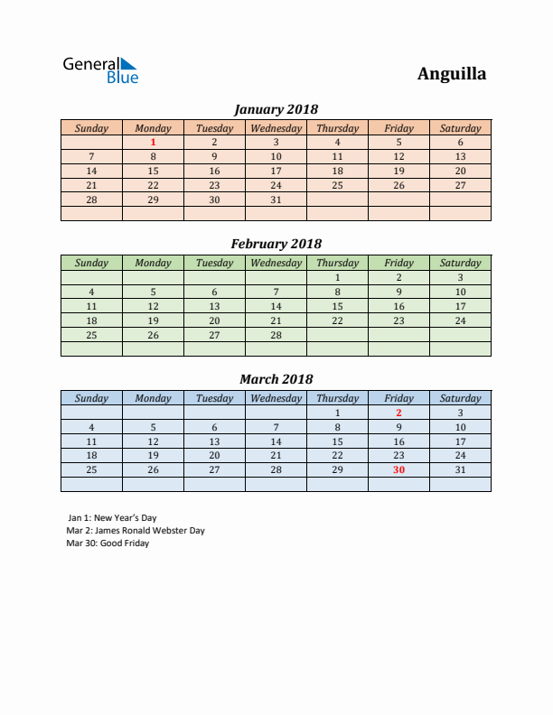 Q1 2018 Holiday Calendar - Anguilla