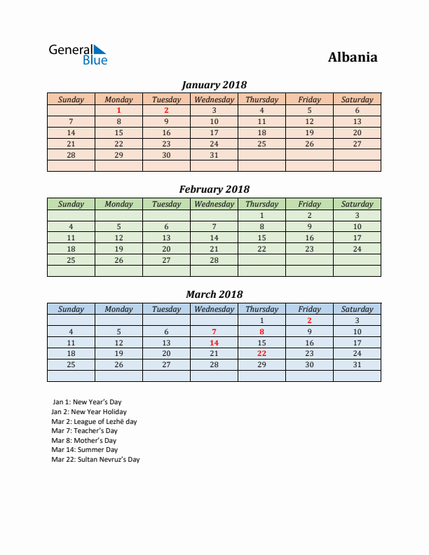 Q1 2018 Holiday Calendar - Albania