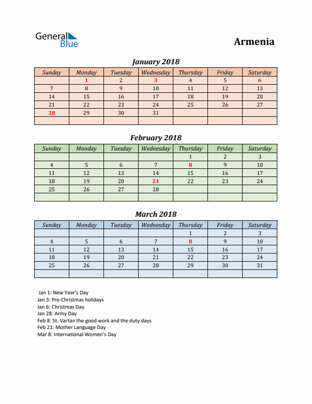 Q1 2018 Holiday Calendar - Armenia