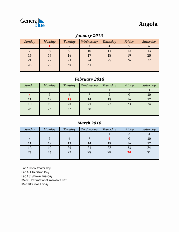 Q1 2018 Holiday Calendar - Angola