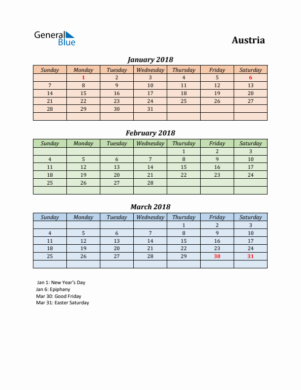 Q1 2018 Holiday Calendar - Austria