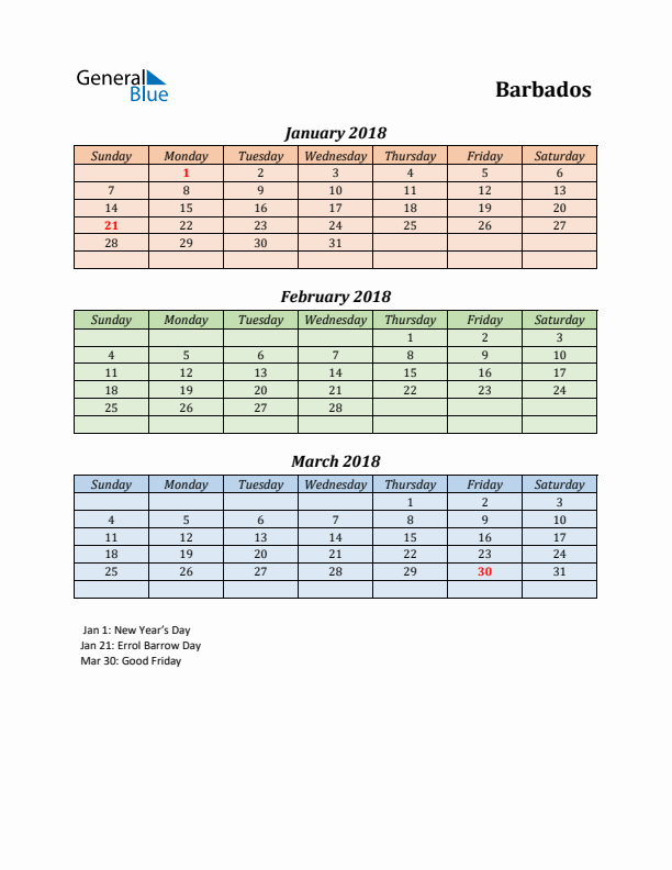 Q1 2018 Holiday Calendar - Barbados