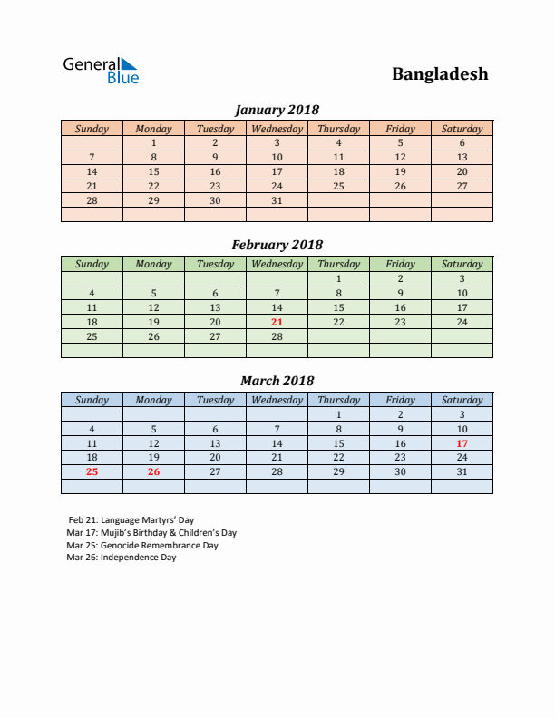 Q1 2018 Holiday Calendar - Bangladesh