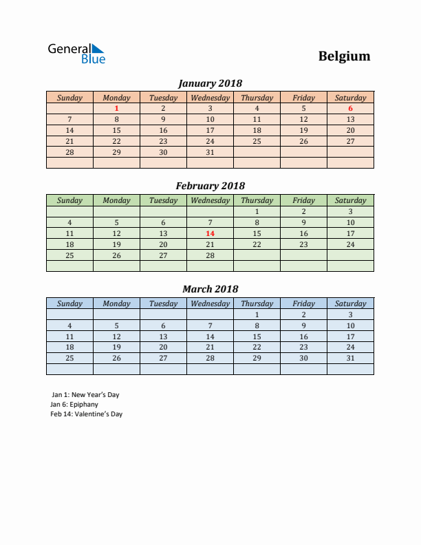 Q1 2018 Holiday Calendar - Belgium