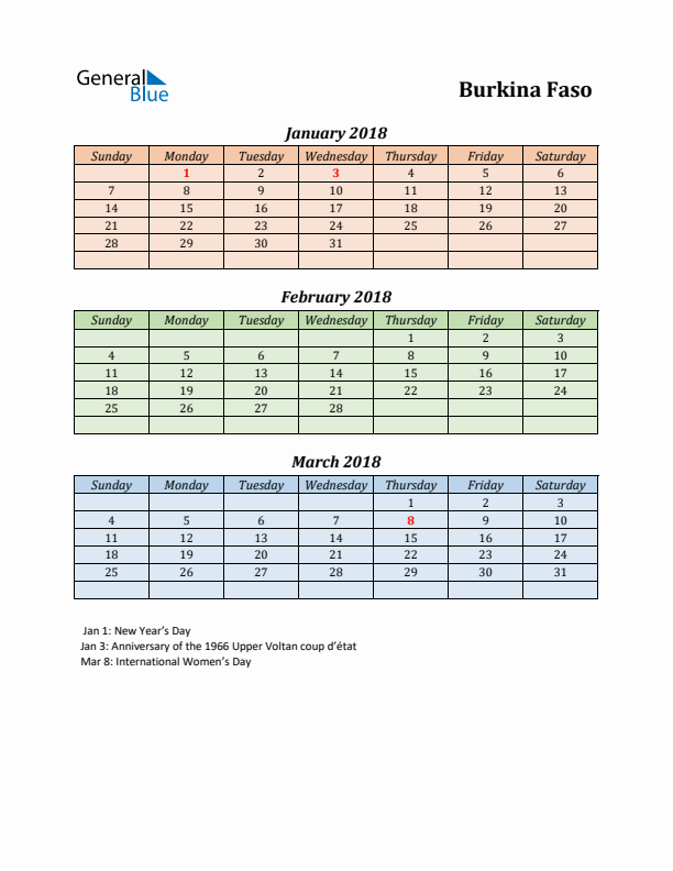 Q1 2018 Holiday Calendar - Burkina Faso