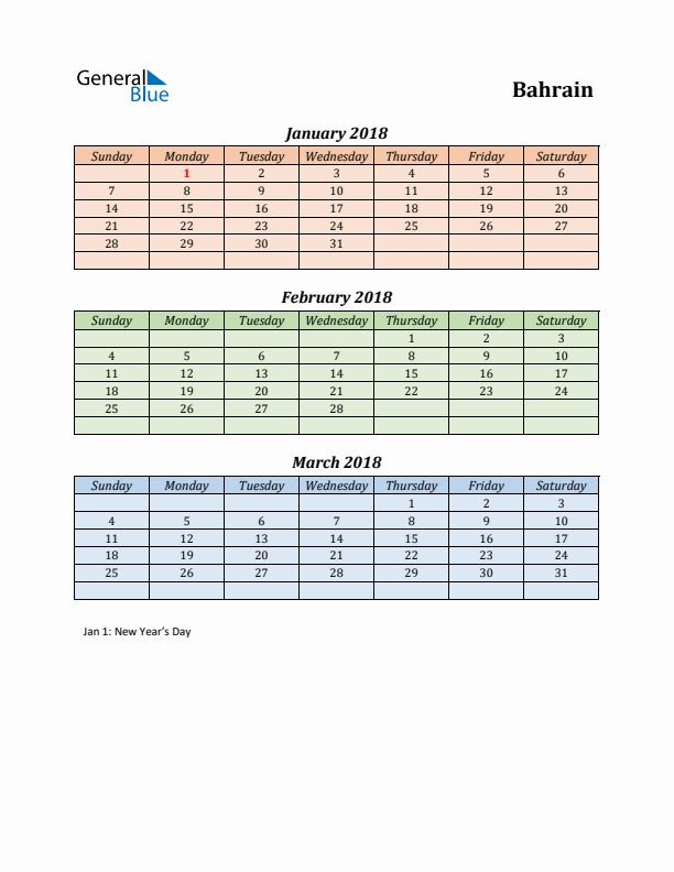 Q1 2018 Holiday Calendar - Bahrain