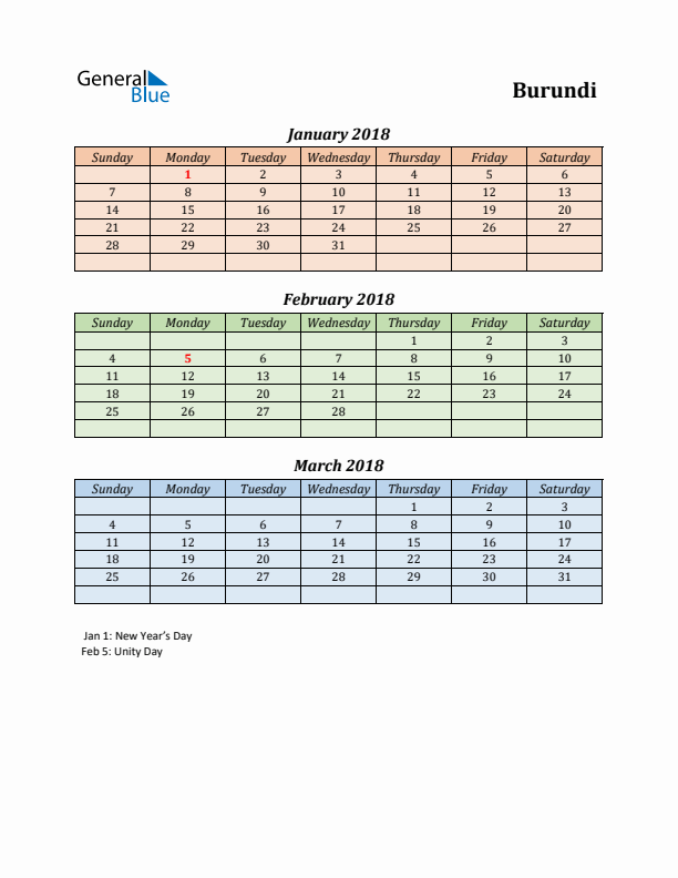 Q1 2018 Holiday Calendar - Burundi