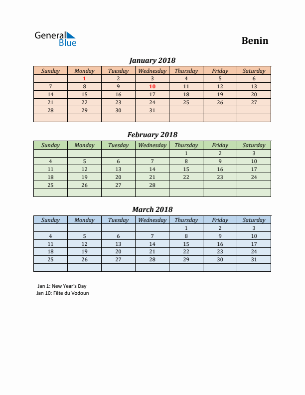 Q1 2018 Holiday Calendar - Benin