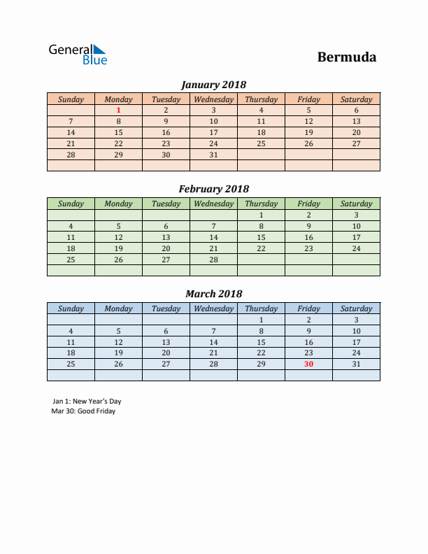 Q1 2018 Holiday Calendar - Bermuda