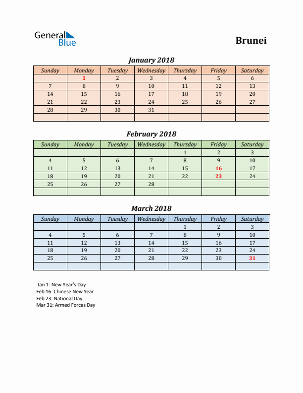 Q1 2018 Holiday Calendar - Brunei