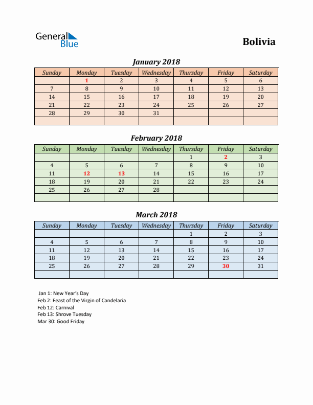 Q1 2018 Holiday Calendar - Bolivia