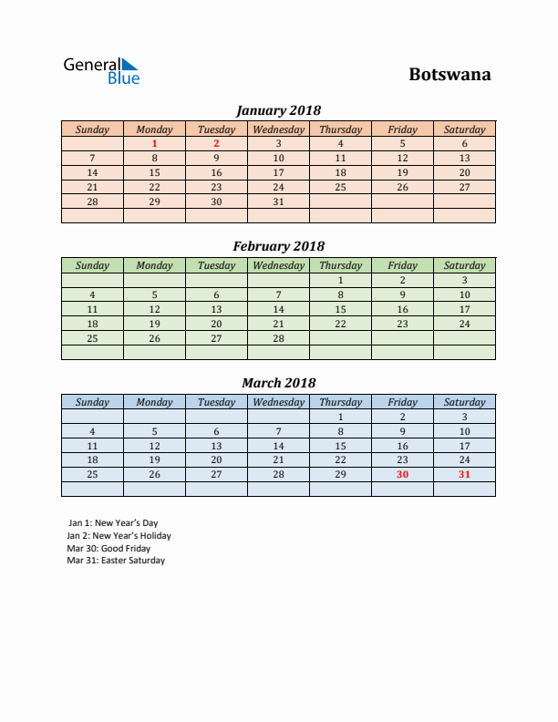 Q1 2018 Holiday Calendar - Botswana