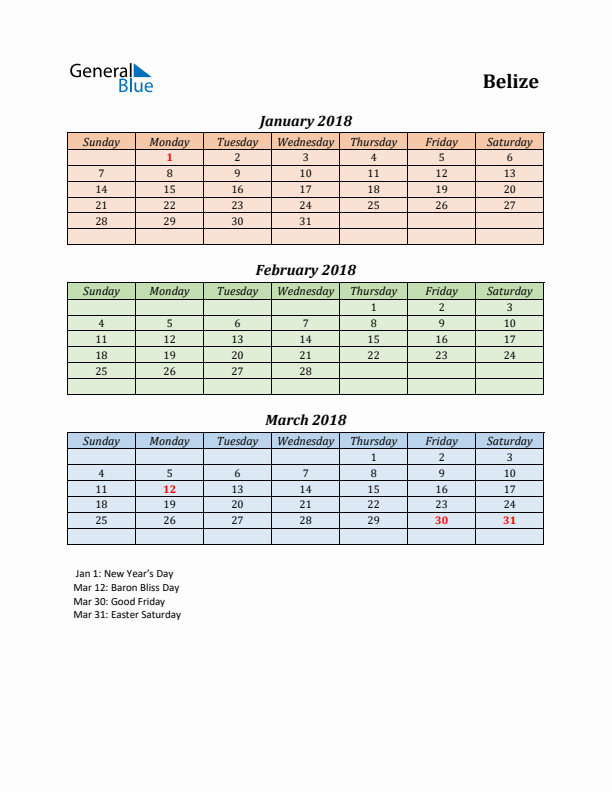 Q1 2018 Holiday Calendar - Belize