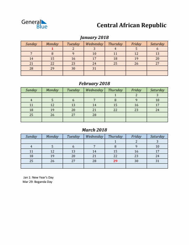 Q1 2018 Holiday Calendar - Central African Republic