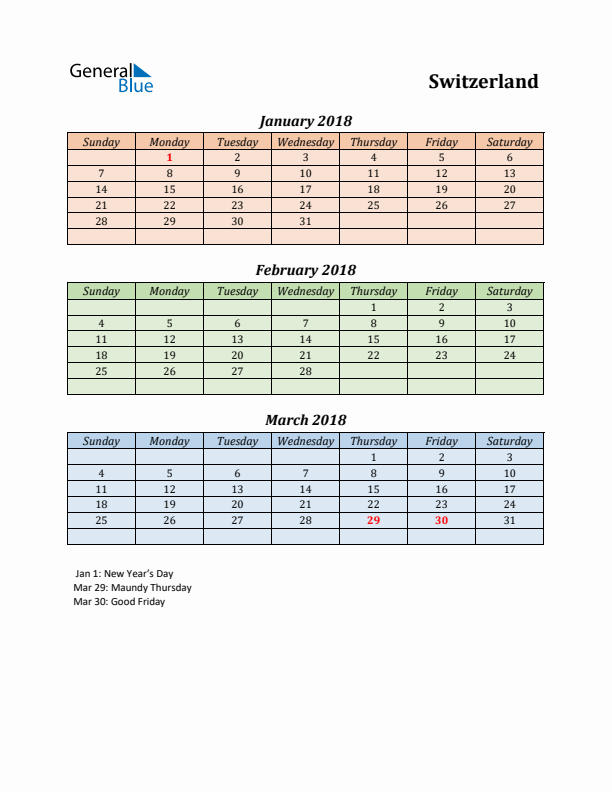 Q1 2018 Holiday Calendar - Switzerland