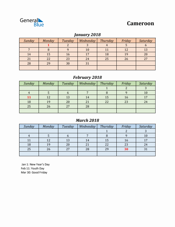 Q1 2018 Holiday Calendar - Cameroon