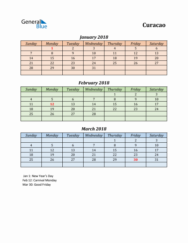 Q1 2018 Holiday Calendar - Curacao