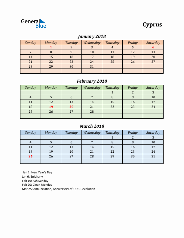 Q1 2018 Holiday Calendar - Cyprus