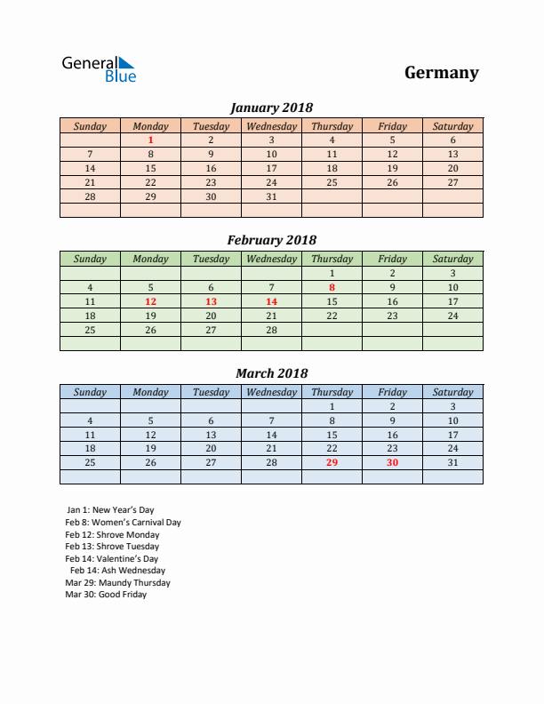 Q1 2018 Holiday Calendar - Germany