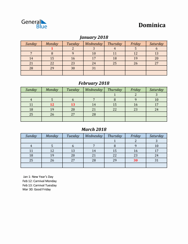 Q1 2018 Holiday Calendar - Dominica