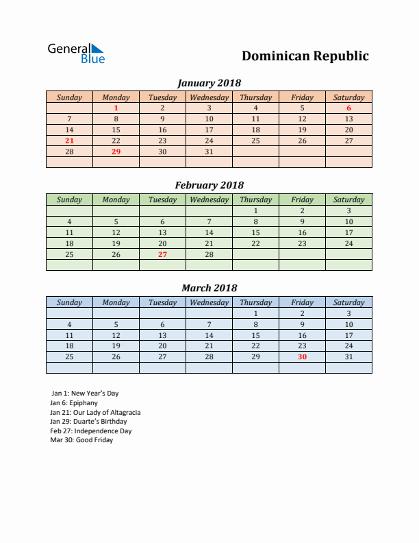 Q1 2018 Holiday Calendar - Dominican Republic