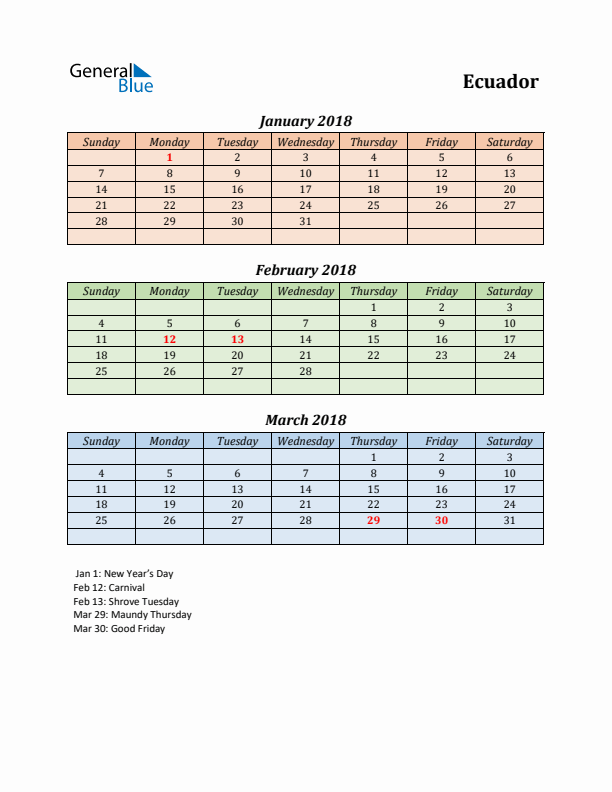 Q1 2018 Holiday Calendar - Ecuador