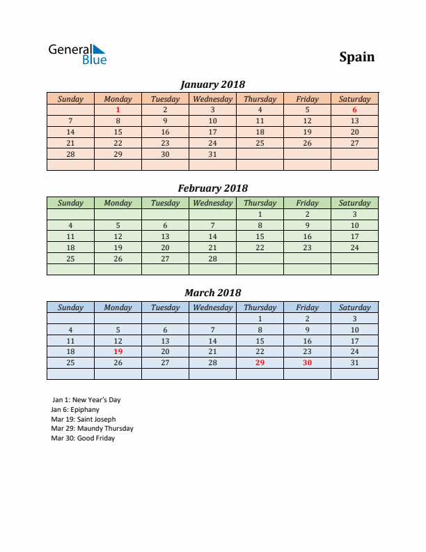 Q1 2018 Holiday Calendar - Spain