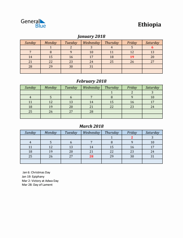 Q1 2018 Holiday Calendar - Ethiopia