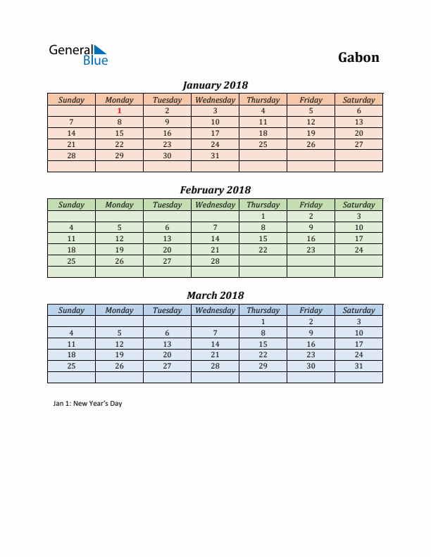 Q1 2018 Holiday Calendar - Gabon