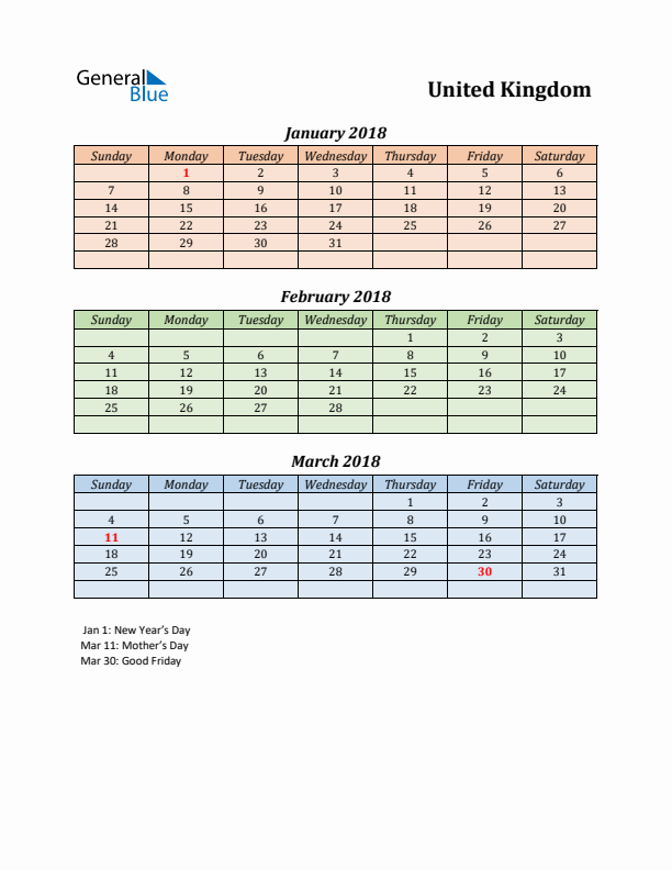 Q1 2018 Holiday Calendar - United Kingdom