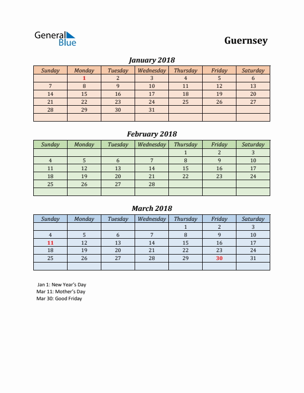 Q1 2018 Holiday Calendar - Guernsey