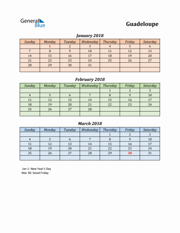 Q1 2018 Holiday Calendar - Guadeloupe