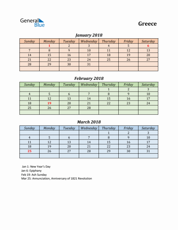 Q1 2018 Holiday Calendar - Greece