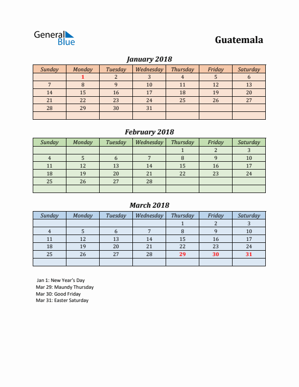 Q1 2018 Holiday Calendar - Guatemala