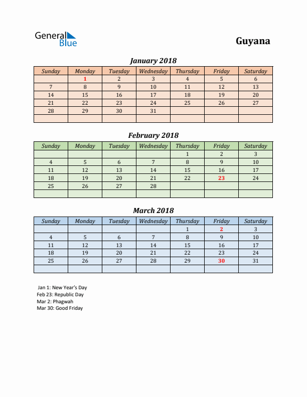 Q1 2018 Holiday Calendar - Guyana