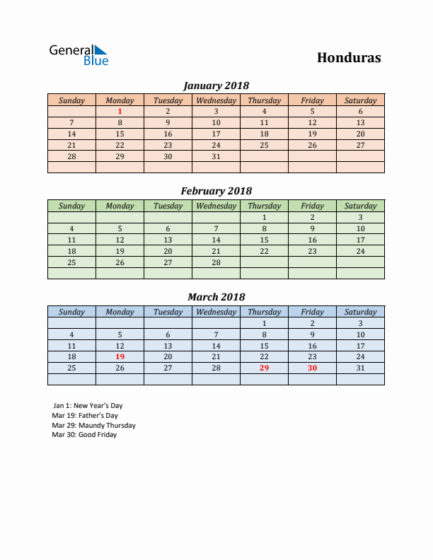 Q1 2018 Holiday Calendar - Honduras