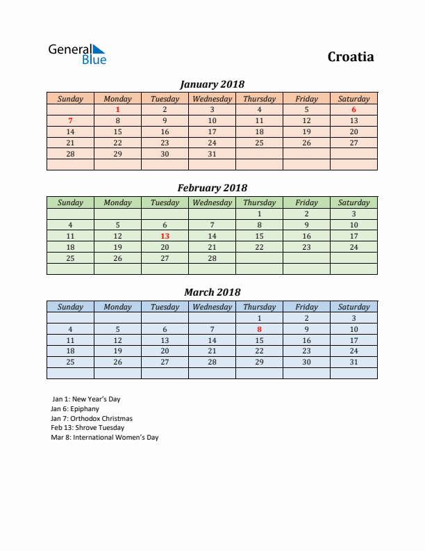 Q1 2018 Holiday Calendar - Croatia