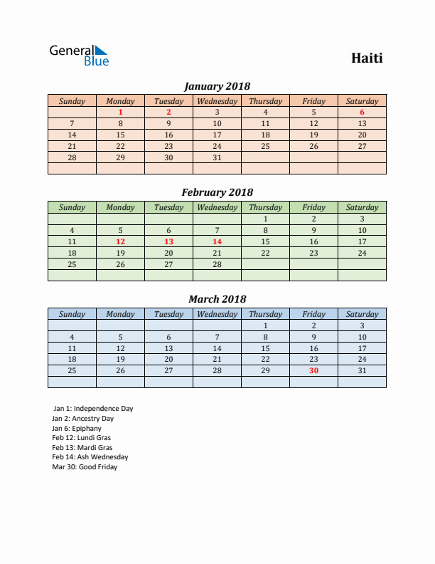 Q1 2018 Holiday Calendar - Haiti