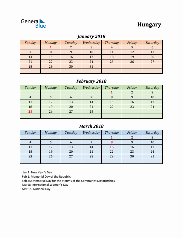 Q1 2018 Holiday Calendar - Hungary