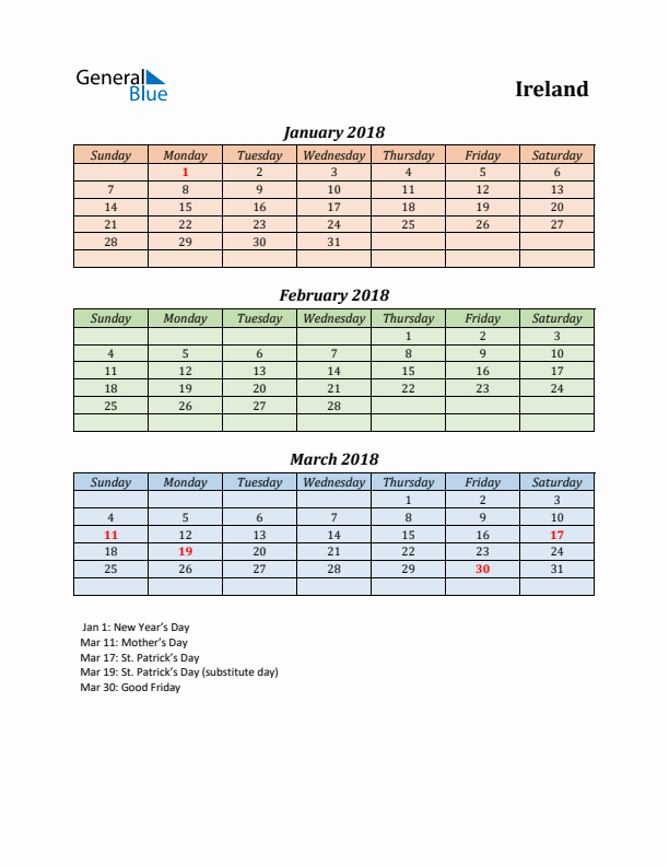 Q1 2018 Holiday Calendar - Ireland