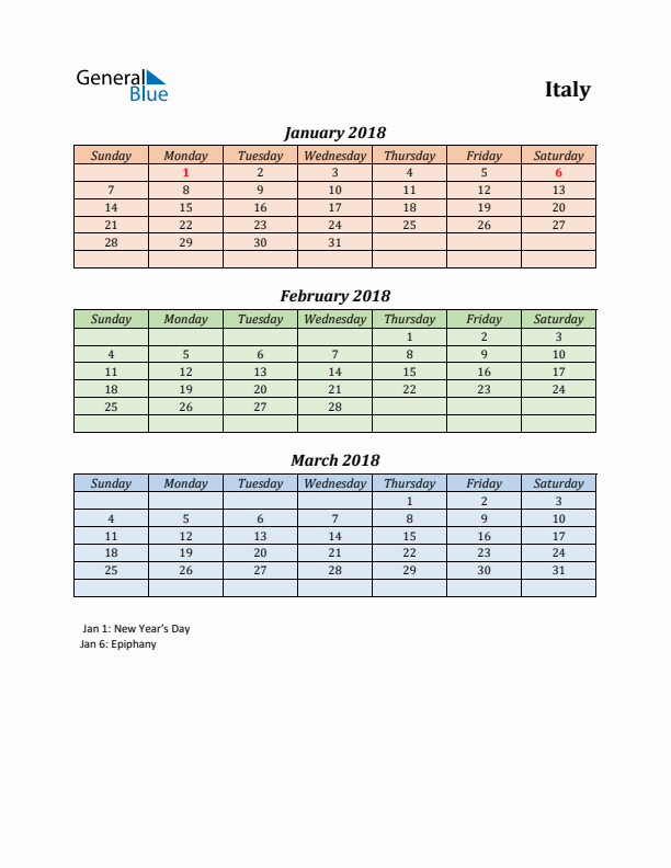 Q1 2018 Holiday Calendar - Italy