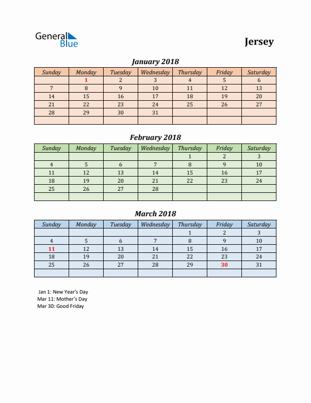 Q1 2018 Holiday Calendar - Jersey