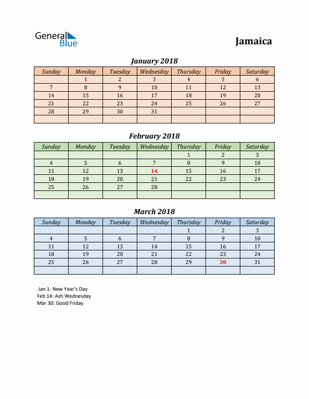 Q1 2018 Holiday Calendar - Jamaica