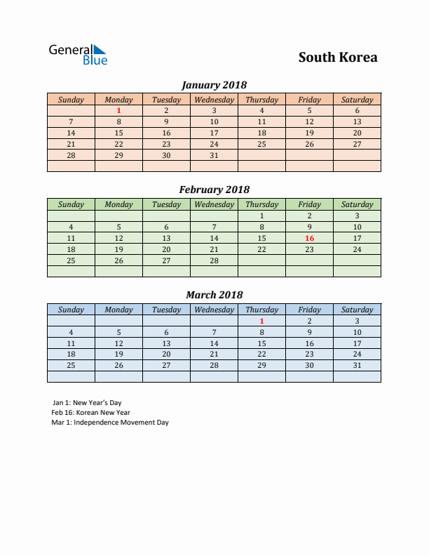 Q1 2018 Holiday Calendar - South Korea