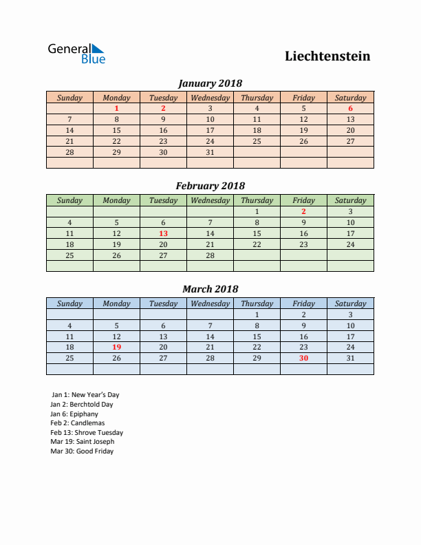 Q1 2018 Holiday Calendar - Liechtenstein